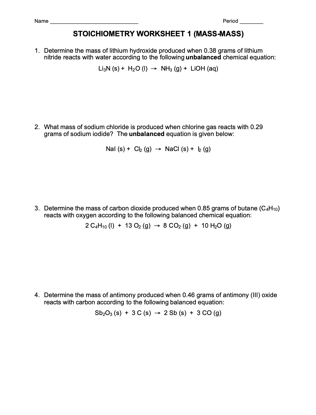 Stoichiometry Worksheet